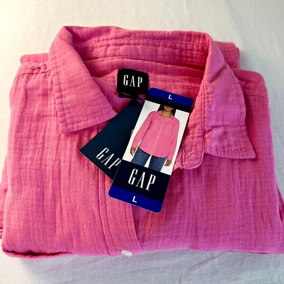 Gap Women's 100% Cotton Gauze Tunic Top Size L Pink Oversized Boho Casual (NEW) - Picture 2 of 13